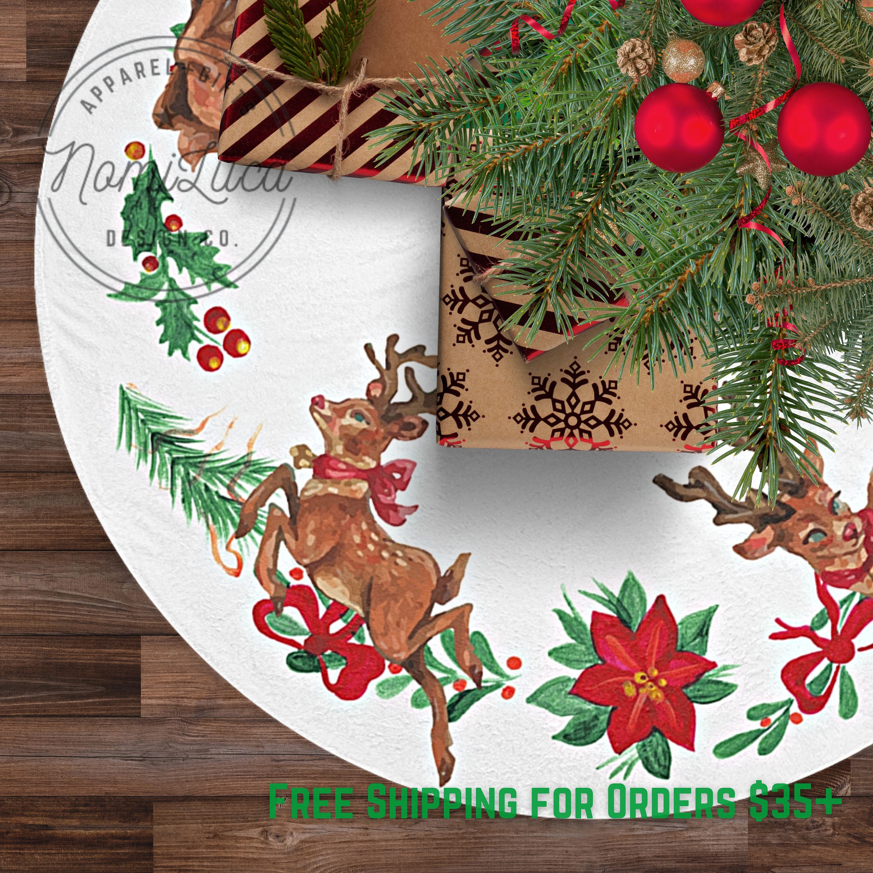Red Christmas Tree Skirt Reindeer Design Decoration 珍しい