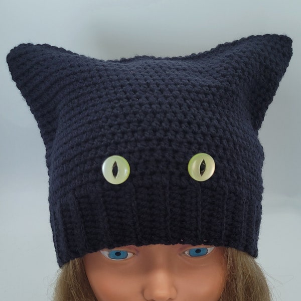 Bonnet chat aux yeux et oreilles de chat en laine tricoté pour femmes, hommes, iels ou adolescents, tuque kitty, cadeau unique fait-main