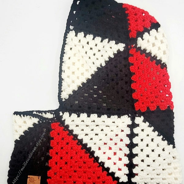Crochet balaclava • red B&W wool balaclava • ADULT knitted balaclava • granny triangle hat • chic ski hat • handmade gift