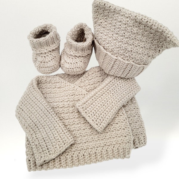 Ensemble naissance bébé brassière cache-coeur au crochet en laine - layette 0 à 6 mois cardigan - bonnet chat et chaussons gris - fait main