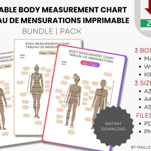 Op de afbeelding: Afdrukbare lichaamsmaattabellen in drie formaten: A3, A4 en A5. De tabel bevat contouren voor een man, vrouw en kind. De tabel is beschikbaar als PDF- en PNG-download.