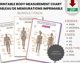 PACK Measurement sheets for men + women + children, printable measurement chart, blank sheet of measurements to print, body tracking