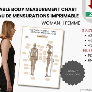 May include: Printable body measurement chart for women in A3, A4, and A5 sizes. The chart includes two figures, one standing and one facing forward, with lines and circles for marking measurements. The chart is available in PDF and PNG formats.