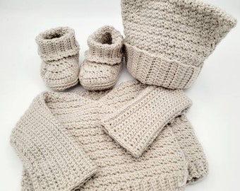 Crochet baby wrap bra set in layette wool 0 to 6 months cardigan cat hat and gray slippers
