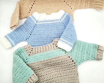 Crochet raglan wool baby sweater, layette 0 to 6 months, cream sweatshirt