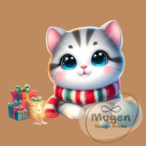 Kerst kat png-sublimatie, schattig katje in sjaal clipart, vakantie cadeau kat kunst, winter kat print voor mokken, kaarten en ambachten 2025
