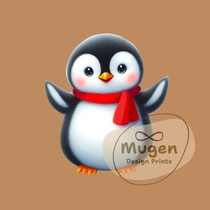 赤いスカーフを巻いた可愛い冬のペンギンPNG画像｜クリスマス動物クリップアート｜カード、クラフト、シャツ用のホリデー昇華デジタルダウンロード