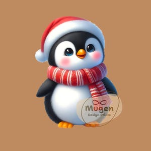 かわいいクリスマスペンギンPNG | かわいいサンタ帽子と赤いスカーフのクリップアート | ホリデー昇華デザイン | 冬の動物ステッカー印刷可能ファイル