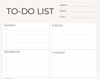 Weekly To Do List Printable, Instant Download, Productivity To Do List