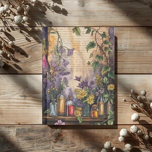 May include: A journal with a watercolor illustration of various flowers and bottles on a shelf. The artwork features purple, yellow, and orange flowers, with vines and handwritten text in the background. The journal is set on a wooden surface.