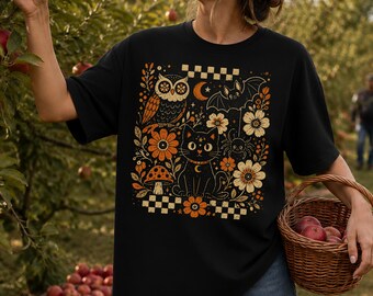 Retro Owl And Black Cat Shirt, Halloween Bat Spooky Vibes And Witchy Stuff, Spider Goth Clothes For Spooky Season, Stay Spooky Aesthetic