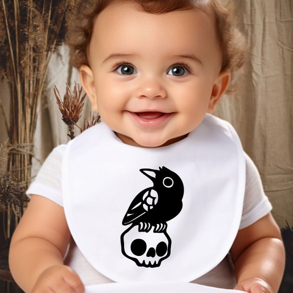 Nevermore Raven On Skull Baby Bib, Goth baby, Crow, Neutral baby clothes, Punk baby gift, Goth baby Nursery, Gothic baby shower, Halloween