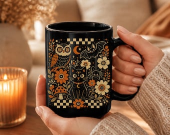 Retro Owl And Black Cat Coffee Mug, Halloween Bat Spooky Vibes Witchy Stuff, Goth Accessories For Spooky Season, Stay Spooky Aesthetic