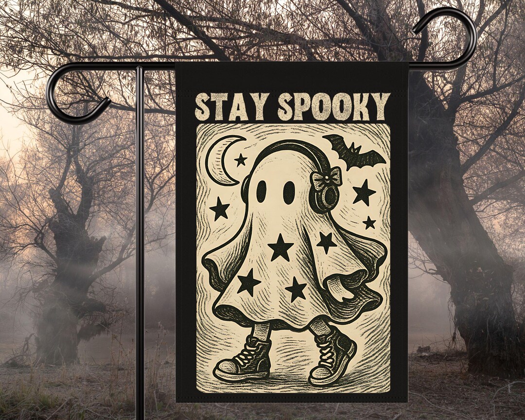 Stay Spooky Ghost With Headphones and Bats Garden Flag, Spooky Flag for ...