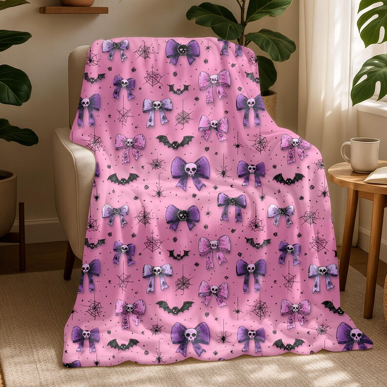 Creepy Cute Pastel Goth Bow and Skull With Bat Fleece Blanket, Gothic ...