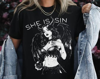 Gothic Demon Girl Shirt, Occult Clothing And Witchy Stuff, Succubus Goth Clothes, Horned Dark Angel with Skull, Macabre Aesthetic