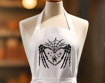 Skeleton Heart Hands With Spider Apron, Witch Apron, Goth Apron, Halloween Apron, Custom Apron, Hostess Apron, Apron With Pockets, For Women