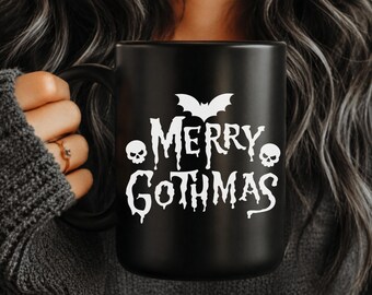 Merry Gothmas Coffee Mug, Creepy Cute Skull Spooky Christmas Gift For Pagan Holiday, Gothic Christmas, Bat Creepmas