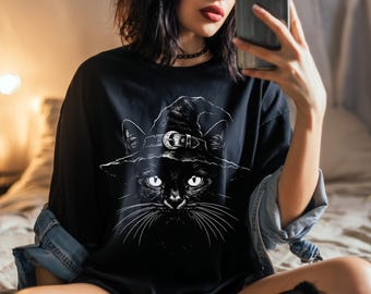 Black Cat Witch Hat Shirt, Witch Gift For Pagan Holiday, Wiccan Solstice Equinox, Sabbat, Witchy Stuff