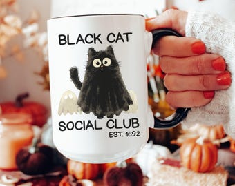 Black Cat Society Halloween Coffee Mug, Spooky Season Witchy Mug, Creepy Cute Whimsical Ghost Halloween Mug, Witchy Stuff