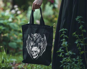 Gothic Bat And Skull Tote Bag, Horror Goth Gift And Witch Gift, Gothic Accessories, Macabre Occult Bag And Witchy Stuff,