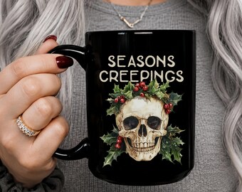 Seasons Creepings Coffee Mug, Creepy Cute Spooky Christmas Gift For Pagan Holiday, Gothic Christmas Skull, Creepmas, Skeleton Christmas