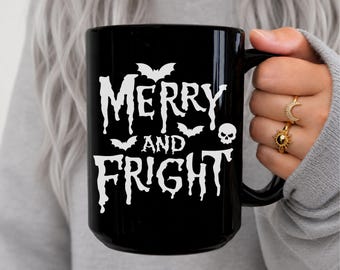 Merry And Fright Christmas Coffee Mug, Creepy Cute Spooky Christmas Gift For Pagan Holiday, Gothic Christmas, Creepmas Skull And Bats