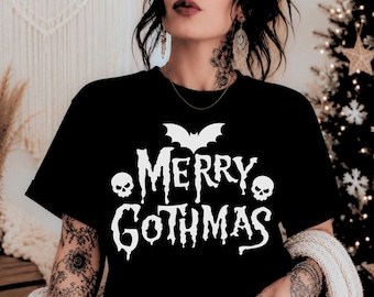 Merry Gothmas Christmas Shirt, Creepy Cute Spooky Skull Christmas Gift For Pagan Holiday, Gothic Christmas, Bat Creepmas