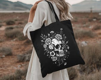 Human Skull With Rose And Wildflowers Tote Bag, Goth Gift And Witch Gift, Gothic Accessories, Macabre Occult Bag And Witchy Stuff,