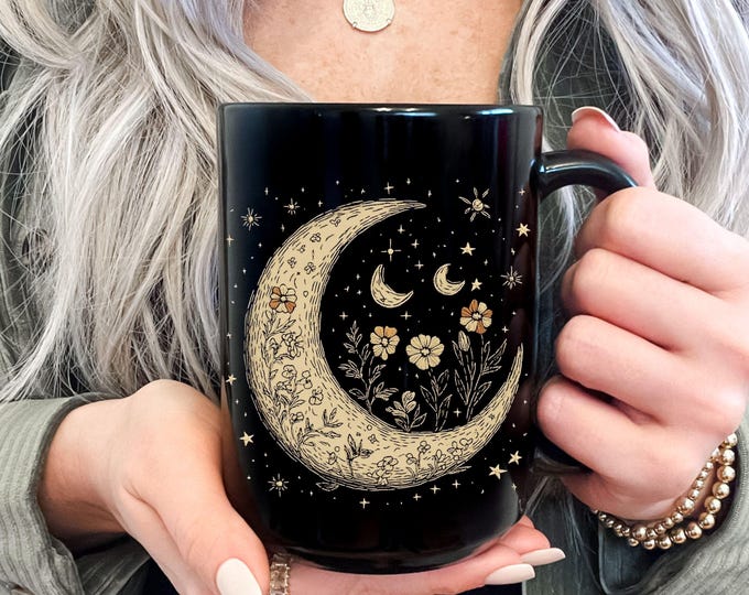 Cottagecore Crescent Moon And Wildflowers Coffee Mug, Spooky Vibes Witchy Stuff, Goblincore For Spooky Season, Stay Spooky Aesthetic