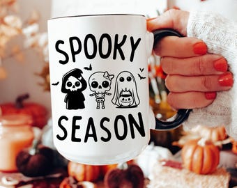 Spooky Season Skeleton Ghost Grim Reaper Coffee Mug, Spooky Season Witchy Mug, Creepy Cute Halloween Mug, Witchy Stuff, Cute Chibi