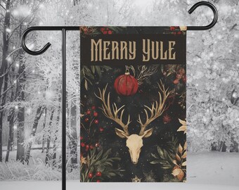 Merry Yule Garden Flag, Deer Skull Witch Decor, Witch Gift For Pagan Holiday, Antlers Witchy Stuff Porch Decor, Yard Flag Solstice Gift
