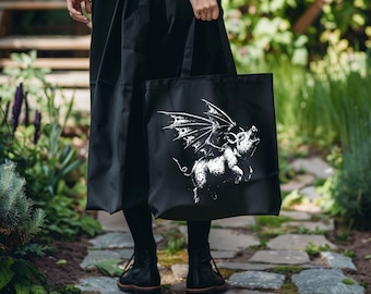 Gothic Pig With Bat Wings Tote Bag, Goth Gift And Witch Gift, Gothic Accessories, Macabre Occult Bag And Witchy Stuff,