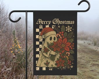 Merry Ghostmas Garden Flag, Creepmas Decor, Gothic Christmas, Creepy Cute Ghost Spooky Christmas Porch Decor, Poinsettia Yard Flag