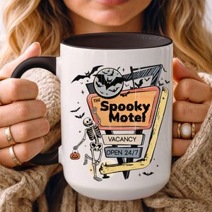 Spooky Motel Sign Coffee Mug, Retro Skeleton And Bats Spooky Season Witchy Mug, Creepy Cute Halloween Mug, Witchy Stuff, Vacancy