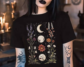 Moon Phases And Wildflowers Shirt, Spooky Witchy Stuff, Dark Cottagecore, Goblincore, Whimsigoth, Dark Botanical, Celestial Full Moon