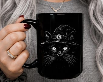 Black Cat Witch Hat Coffee Mug, Witchy Mug, Witch Gift For Pagan Holiday, Witchy Stuff, Solstice Equinox