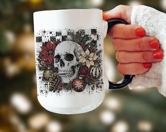 Human Skull Poinsette Ornament Christmas Coffee Mug, Creepy Cute Spooky Christmas Gift For Pagan Holiday, Gothic Christmas, Creepmas