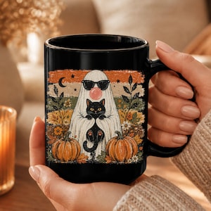 Vintage Ghost And Black Cat Coffee Mug, Spooky Vibes Witchy Stuff, Goth Accessories, Spooky Season, Stay Spooky Aesthetic, Halloween Shirt