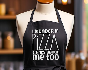 I Wonder If Pizza Thinks About Me Too Apron, Custom Apron, Hostess Apron, Apron With Pockets, Aprons For Women