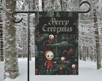 Merry Creepmas Garden Flag, Creepmas Decor, Gothic Christmas, Creepy Cute Spooky Christmas Porch Decor, Skeleton Christmas Yard Flag