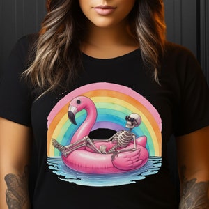 Skeleton On Pink Flamingo Pool Floatie With A Rainbow Unisex Shirt, Edgy Shirt, Summer Goth, Witchy T Shirt, Halloween Tshirt, T Shirt,