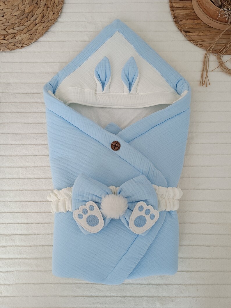 Organic Muslin Baby Gift Set – Blue (Swaddle, Bib, Mittens, Booties, Cap)