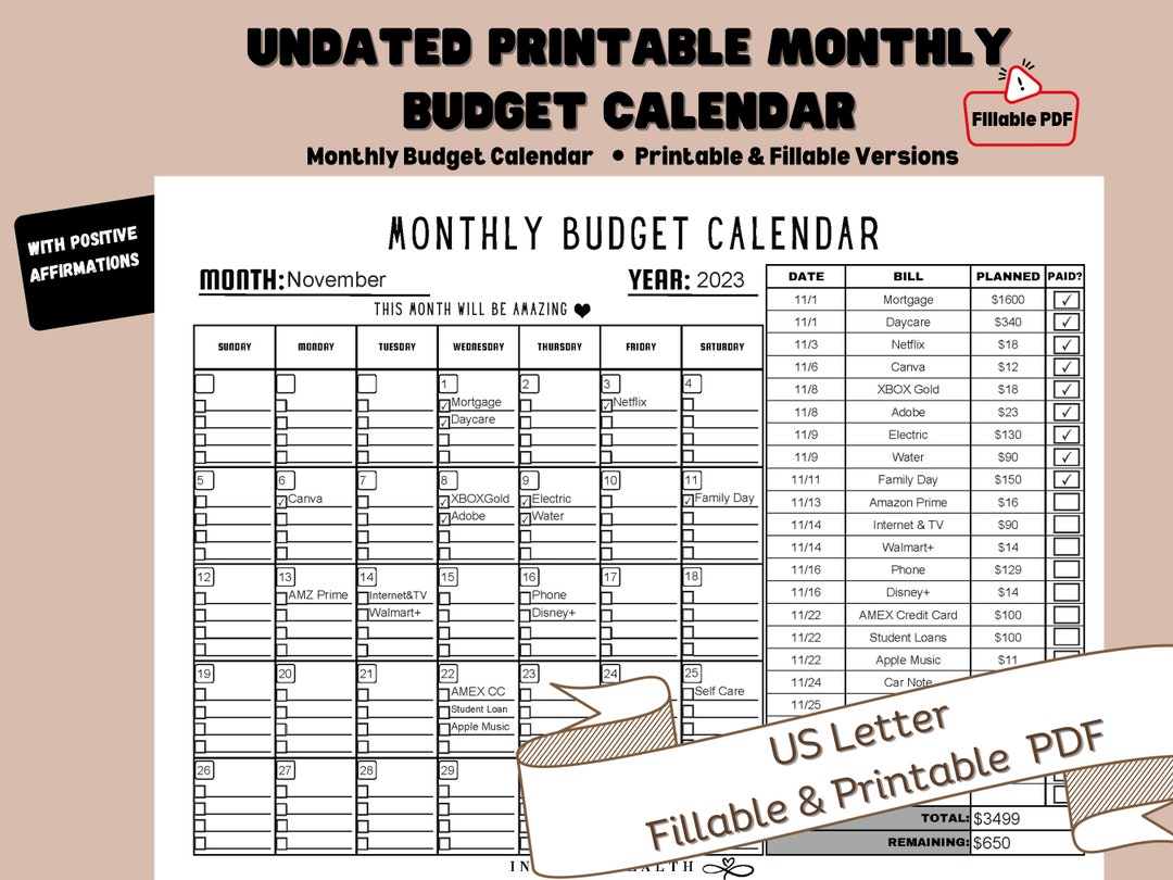 Printable Monthly Budget Calendar Undated Monthly Budget - Etsy