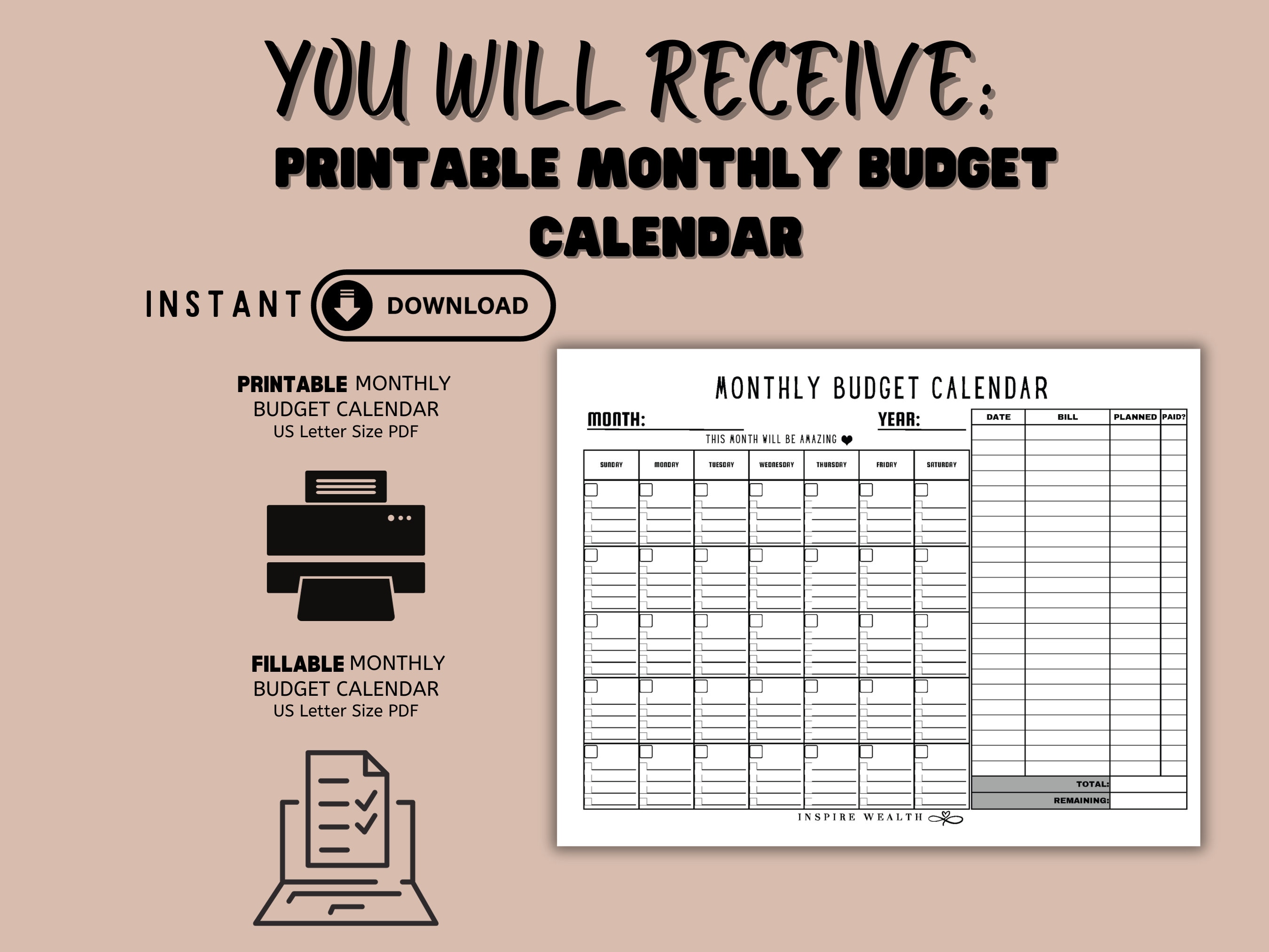 Printable Monthly Budget Calendar Undated Monthly Budget Etsy
