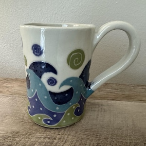 Studio Pottery Coffee Mug Cup Artist Signed 16oz Blue Green Waves Beach Sea