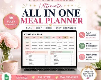 Spreadsheet voor maaltijdplanning, sjabloon voor maaltijdplanning, wekelijkse maaltijdplanner in Google Sheets, geautomatiseerde boodschappenlijst, maaltijdvoorbereiding, digitale boodschappenlijst