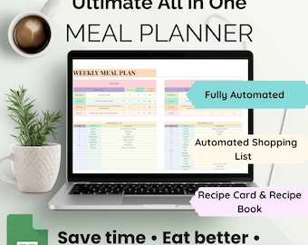 Meal Planner Spreadsheet, Meal Plan Template, Weekly Meal Planner Google Sheets, Automated Shopping List, Meal Prep, Digital Grocery List