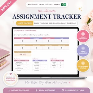 Può includere: Un tracker digitale per compiti per Microsoft Excel e Google Sheets visualizzato su uno schermo di un portatile. La dashboard accademica mostra il monitoraggio dei voti, un calendario intelligente e tabelle dei corsi. Testo incluso.