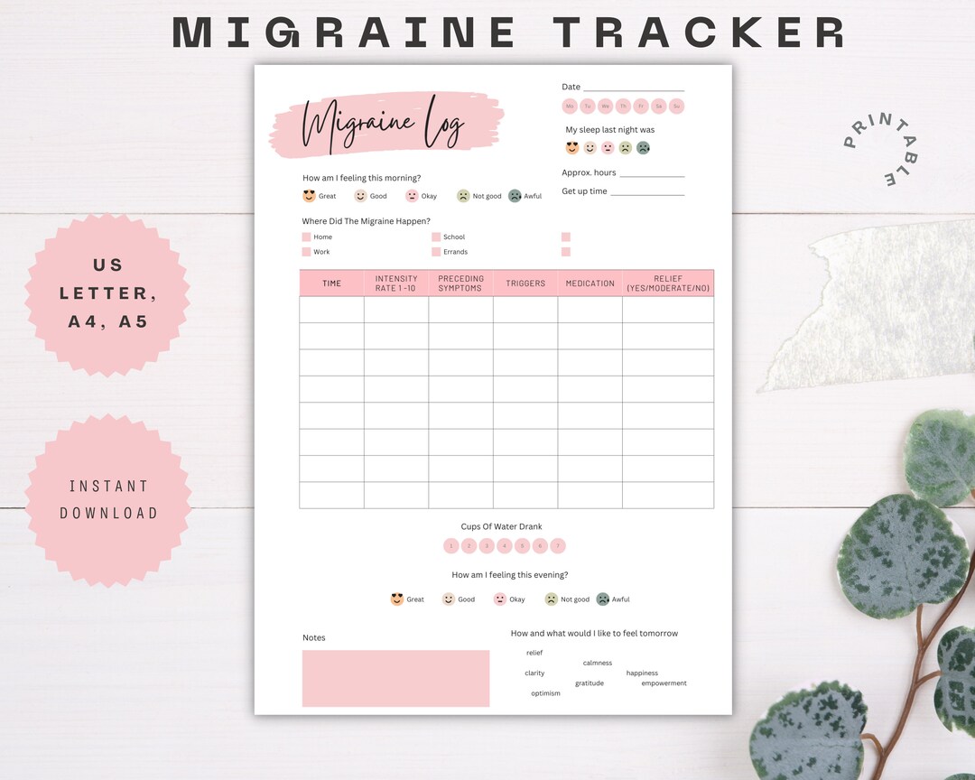 Migraine Tracker Printable, Headache Log, Daily Migraine Log, Migraine ...